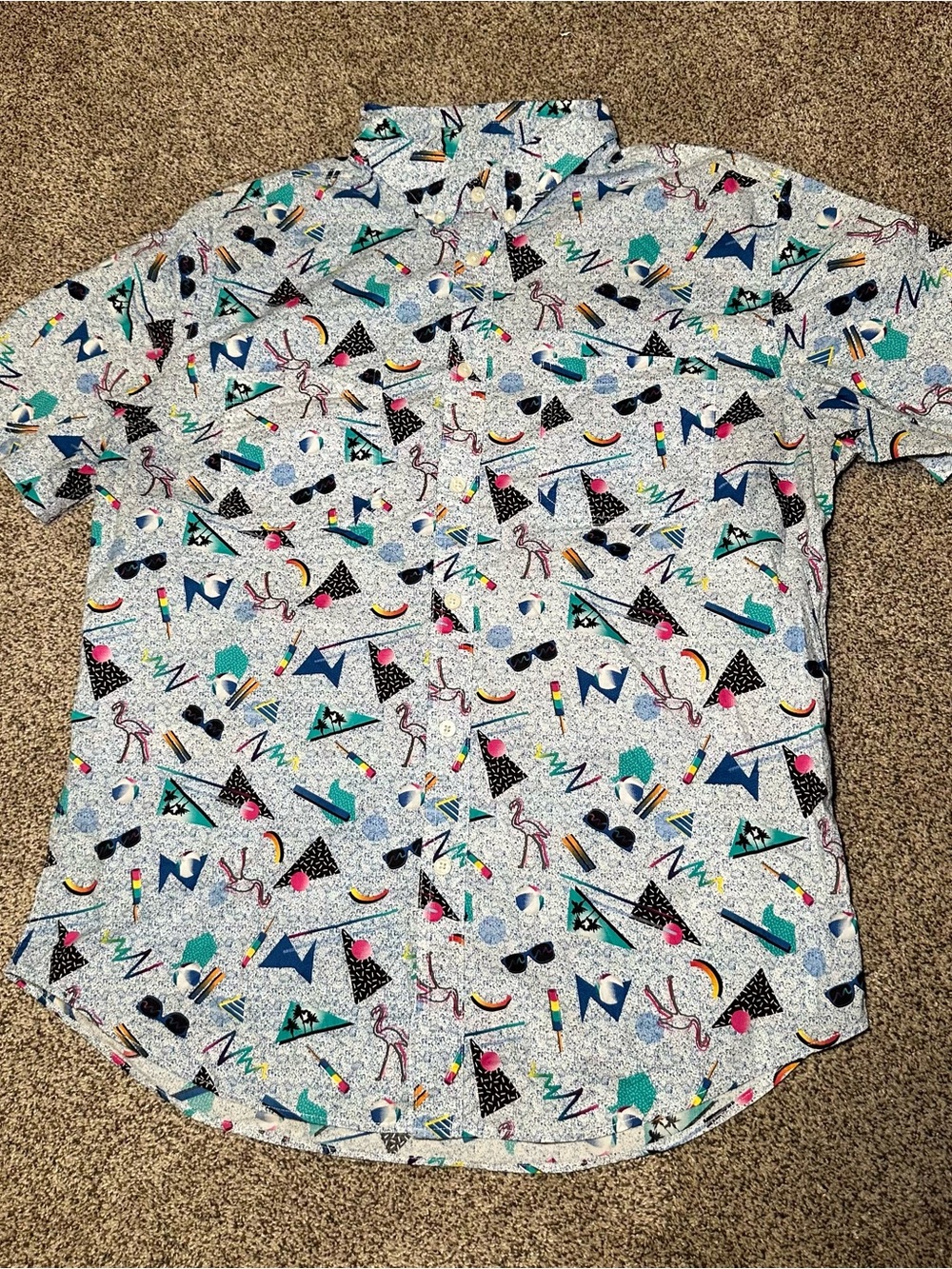 Men's Short-Sleeve Casual Button-Down Shirt — White with Teal & Pink 90’s theme